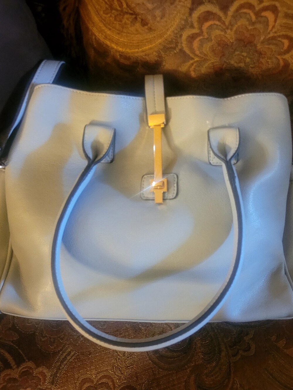 Women's Leather Tote Handbag in Light Blue with Gold Accent